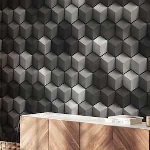 Peel and Stick 3D Geometric Cube Wallpaper – Modern Black, Gray and White Removable Wall Mural for Contemporary Interiors
