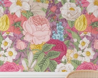 Colorful Vintage Floral Peel and Stick Wallpaper – Removable Wall Mural with Hand Drawn Flowers – Bold Botanical Wall Art for Home Decor