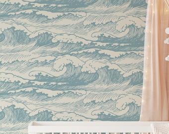 Ocean Wave Wall Mural – Japanese Style Peel and Stick Wallpaper – Coastal Blue Removable Wall Decor for Bathroom or Living Room