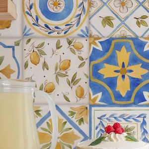 Papel de Parede com Estampa de Azulejos Mediterrâneos em Tons de Limão – Mural com Padrão Cerâmico Azul e Amarelo para Decoração de Cozinha ou Casa de Praia