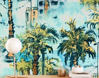 Tropical Cityscape Peel and Stick Wallpaper – Modern Palm Tree Wall Mural for Living Room, Bedroom, or Coastal Decor