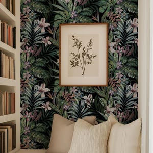 Tropical Peel and Stick Jungle Wallpaper – Dark Botanical Wall Mural with Orchids & Palms for Bedroom, Bathroom or Accent Wall