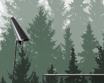 Green Pine Forest Peel and Stick Wallpaper – Misty Tree Wall Mural for Bedroom, Living Room, Rustic Cabin or Nature-Inspired Home Decor