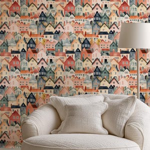 Watercolor Village Wallpaper – Peel and Stick Pastel House Mural, Self Adhesive Wall Art for Kids Room, Nursery or Playroom Decor