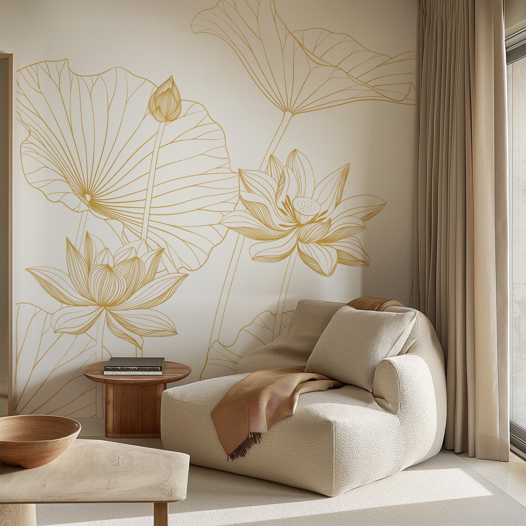 Gold Lotus Flower Wall Mural – Elegant Removable Wallpaper, Peel and ...
