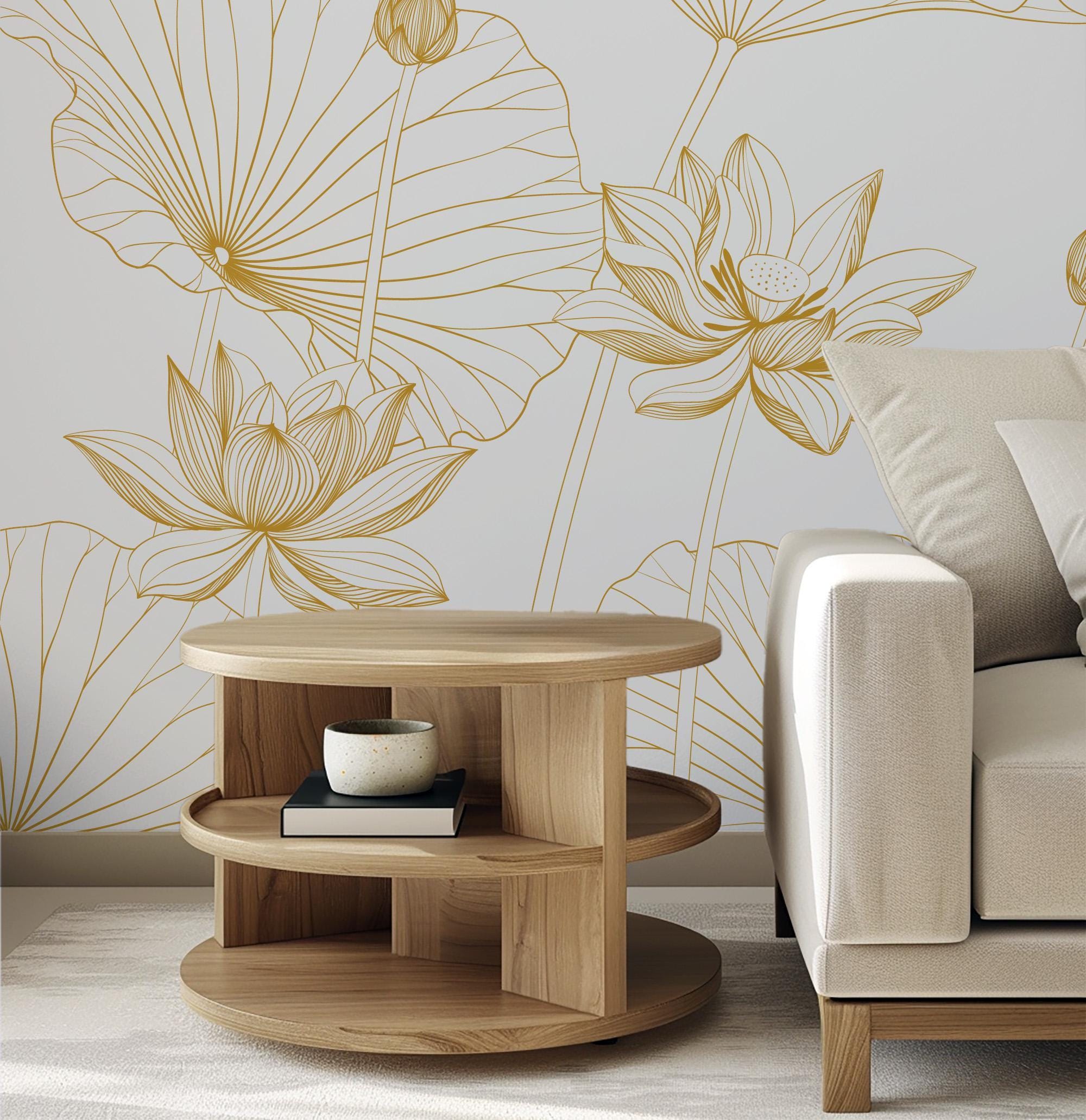 Gold Lotus Flower Wall Mural – Elegant Removable Wallpaper, Peel and ...