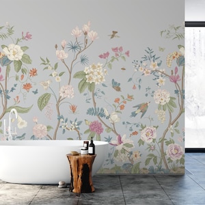 Chinoiserie Botanische Tapete zum Abziehen und Aufkleben – Pastellfarbenes Vogel- und Blumenwandbild – Abnehmbares Vintage Gartenbild für Elegante Innenräume