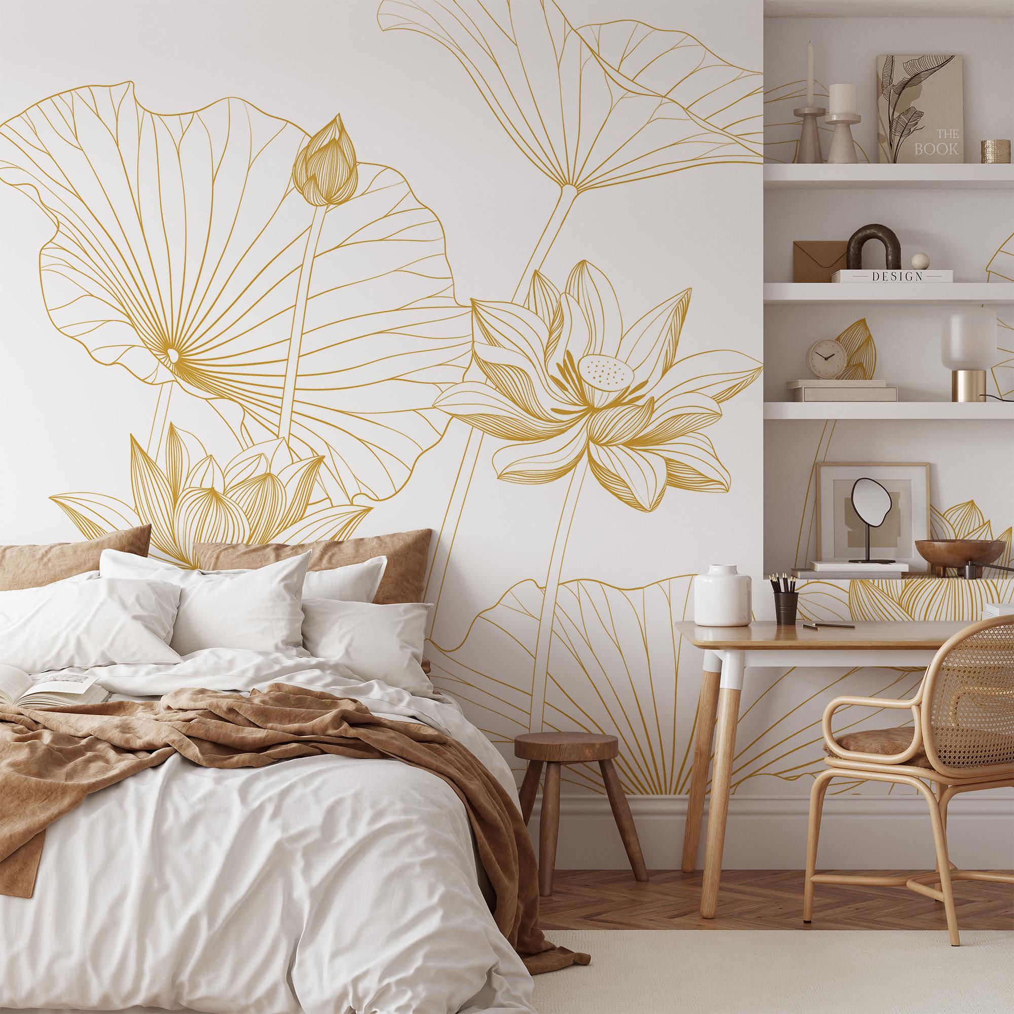 Gold Lotus Flower Wall Mural – Elegant Removable Wallpaper, Peel and ...