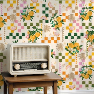 Peel and Stick Tropical Citrus and Palm Wallpaper – Retro Fruit Wall Mural with Orange Blossoms and Geometric Patchwork Design