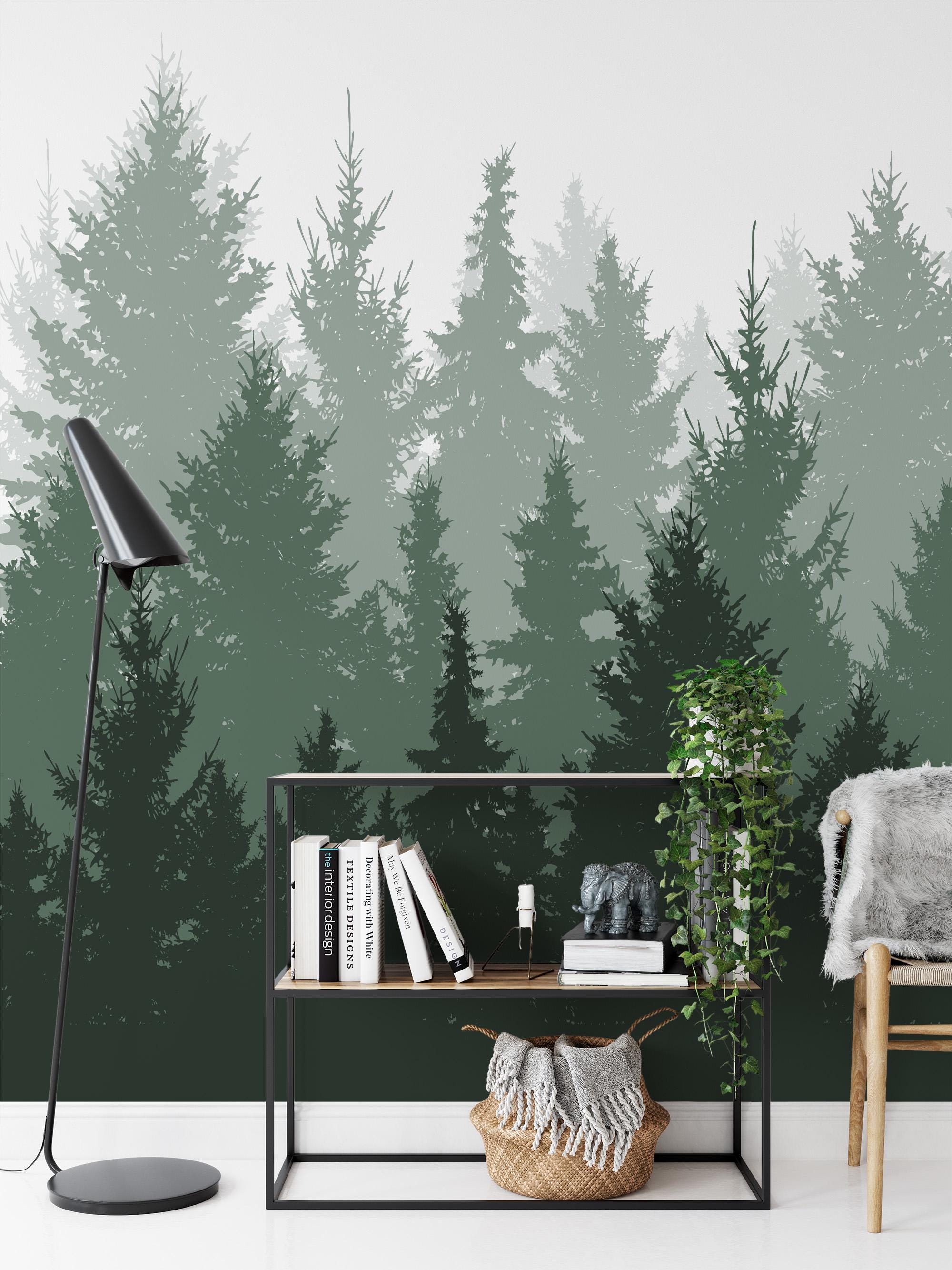 Green Pine Forest Peel and Stick Wallpaper – Misty Tree Wall Mural for ...