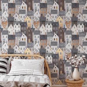 Charming Village Houses Wallpaper – Peel and Stick Removable Wall Mural for Kids Room, Nursery or Cozy Cottagecore Decor