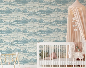 Ocean Wave Wall Mural – Japanese Style Peel and Stick Wallpaper – Coastal Blue Removable Wall Decor for Bathroom or Living Room