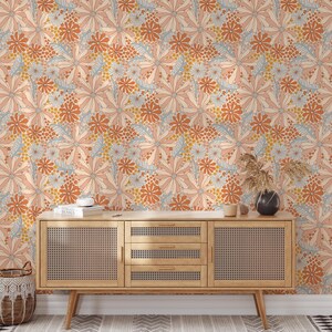 Carta da parati floreale retrò staccabile e attaccabile - Carta da parati murale con fiori arancioni e pastello - Decorazione murale rimovibile Boho - Arte murale vintage