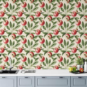 Vintage Apfel Tapete mit grünen Blättern - Klassisches botanisches Obst Wandbild für Küche, Bauernhaus oder Cottage-inspirierte Interieurs
