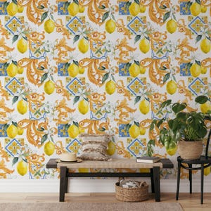 Citroentegelbehang met barokke rollen – Citrusmuurschildering in mediterrane stijl voor keuken, eetkamer of accentmuurdecoratie