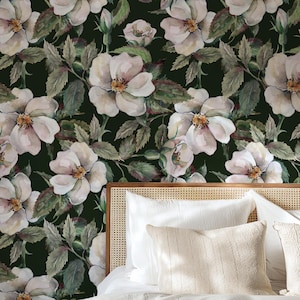 Peel-and-Stick-behang met donkere bloemen – verwijderbare aquarel witte roos muurschildering voor elegante slaapkamer of accentmuur