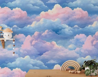 Dreamy Cloud Peel and Stick Wallpaper – Pastel Sky Removable Wall Mural for Nursery, Kids Room or Whimsical Home Decor