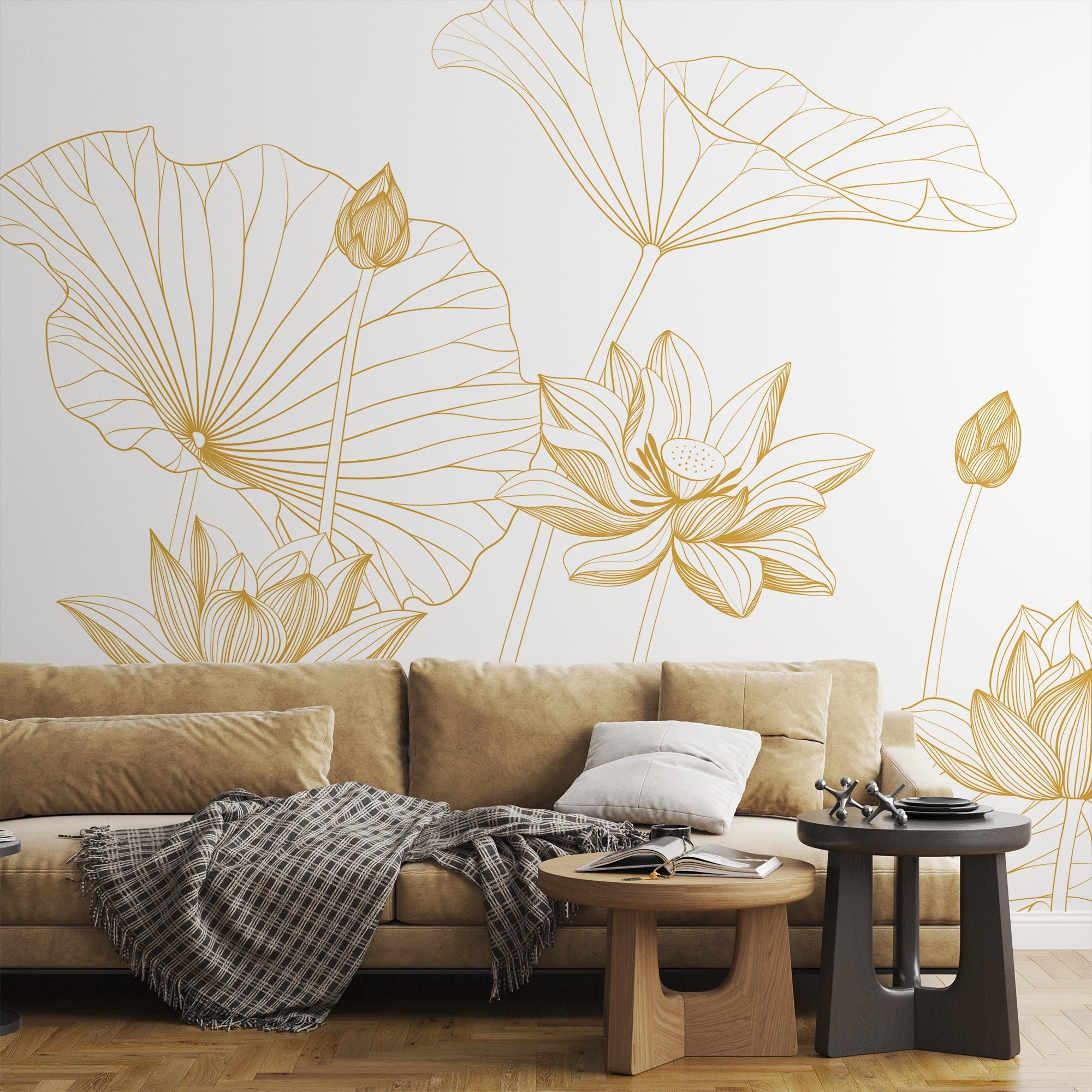 Gold Lotus Flower Wall Mural – Elegant Removable Wallpaper, Peel and ...