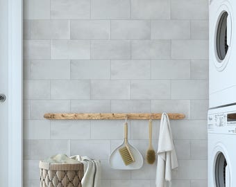 Light Gray Brick Peel and Stick Wallpaper – Concrete Tile Wall Mural – Modern Removable Vinyl Panel for Kitchen or Bathroom