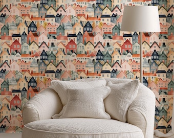 Papel pintado de pueblo con acuarela: mural de casa pastel autoadhesivo para decorar habitaciones infantiles, guarderías o salas de juegos.
