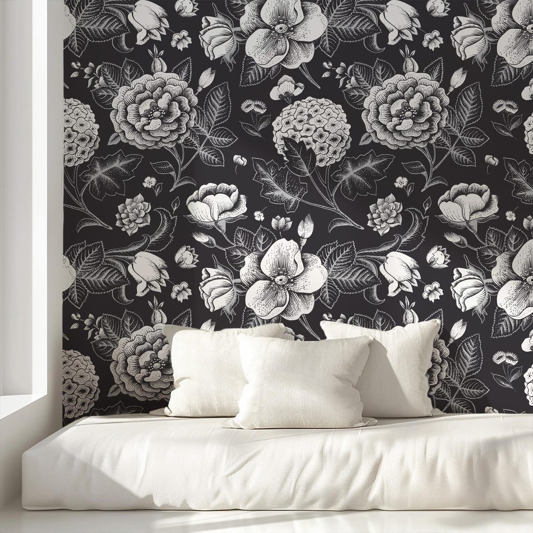 Vintage Botanical Floral Peel and Stick Wallpaper – Black and White ...