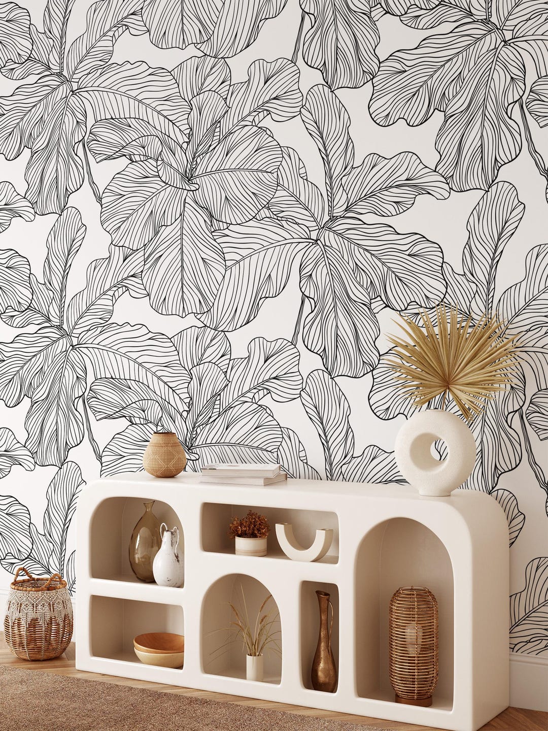 Peel and Stick Tropical Leaf Line Art Wallpaper – Minimalist Black and ...