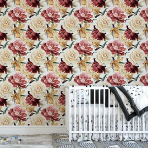 Elegant Bloom Peel and Stick Wallpaper – Vintage Red & Cream Floral Wall Mural – Removable Botanical Wall Decor