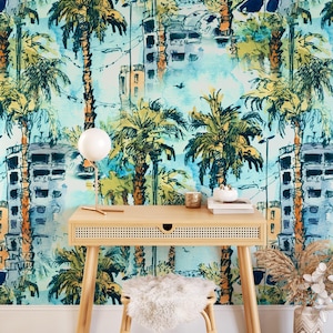Tropical Cityscape Peel and Stick Wallpaper – Modern Palm Tree Wall Mural for Living Room, Bedroom, or Coastal Decor