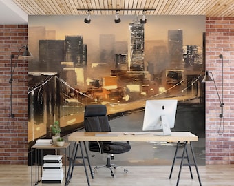 Cityscape Peel and Stick Wall Mural – Brooklyn Bridge & New York Skyline Night View Wallpaper – Removable Modern Wall Art for Home or Office