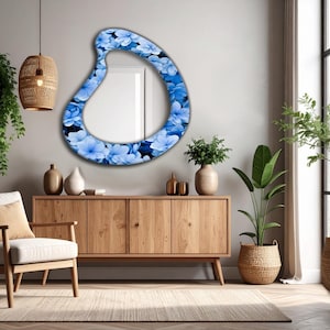 Blue flower wall mirror, Bathroom mirrors, Asymmetrical mirror, Unique room accent, Modern home decor, Deco wall art, Decorative mirrors,