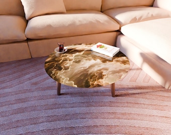 Mesa de centro de vidrio templado con diseño de nubes y patas de madera de haya