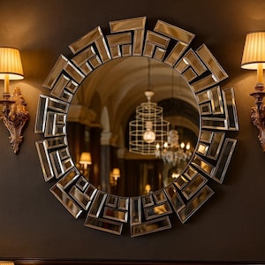 Luxus Sunburst Wandspiegel, moderner geometrischer Rahmen, elegantes Wohndekor, runder dekorativer Wandspiegel, zeitgenössischer Akzent Spiegel, Wandkunst,