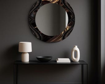 Zwart-gouden abstracte ronde wandspiegel, gehard glas