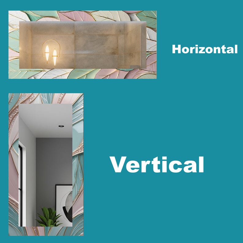 May include: Two images are displayed. The top image shows a rectangular light fixture with two bulbs, above a rectangular, light-colored surface. The bottom image shows a vertical mirror with a decorative leaf-like border, with the word "Vertical" in white text.