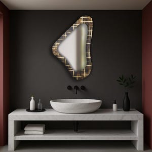 Modern asymmetric wall mirror, Luxury bathroom and living room decor, Gold accent organic shape wall mirror, Artistic statement piece,