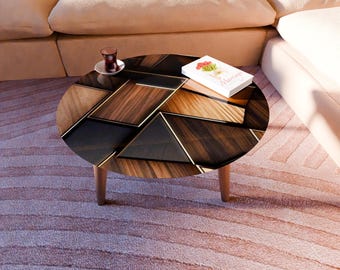 Tempered Glass Coffee Table, Beech Wood Legs, HD Print