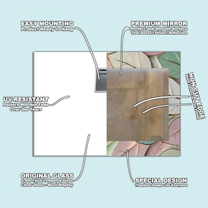 May include: Rectangular wall mirror with a decorative leaf design in pastel colors. Features include UV-resistant, 4 mm thick tempered glass, and a non-cut edge. The mirror is ready to hang.