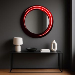 Modern round wall mirror, Neon effect wall mirror, Contemporary home decor accent, Illusion glow mirror, Bathroom mirror, Decorative mirrors