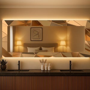 May include: A large, rectangular mirror with a geometric design and integrated lighting above a bathroom vanity. The mirror reflects a bedroom scene with lamps and a bed. The vanity has a dark countertop, two black faucets, and a wooden cabinet.