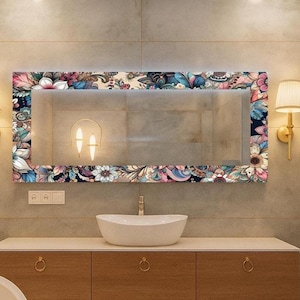 Floral patterned rectangle mirror, Rectangle mirror, Bathroom mirror, Stained wall mirror, Modern rectangle wall mirror, Art deco mirror,