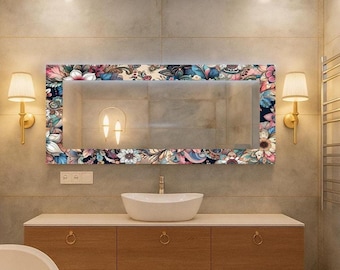 Specchio da parete rettangolare floreale, vetro temperato, stile Art Déco