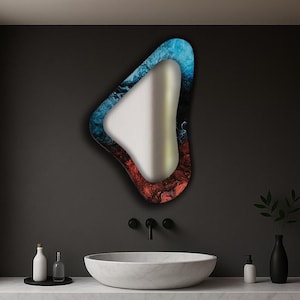 Blue & Red stained glass wall mirror,, Vintage mirror, Asymmetrical mirror, Decorative mirror, Bathroom mirror, Bedroom mirror, Wall decor,