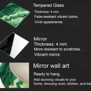 May include: The image showcases three types of decorative glass and mirror products. The first is tempered glass, 4 mm thick, with fade-resistant colors. The second is a mirror, also 4 mm thick, more scratch-resistant. The third is mirror wall art.