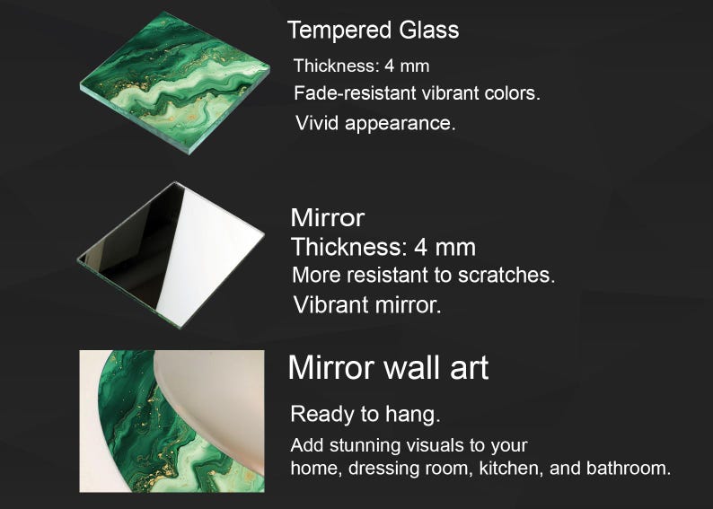 May include: The image showcases three types of decorative glass and mirror products. The first is tempered glass, 4 mm thick, with fade-resistant colors. The second is a mirror, also 4 mm thick, more scratch-resistant. The third is mirror wall art.