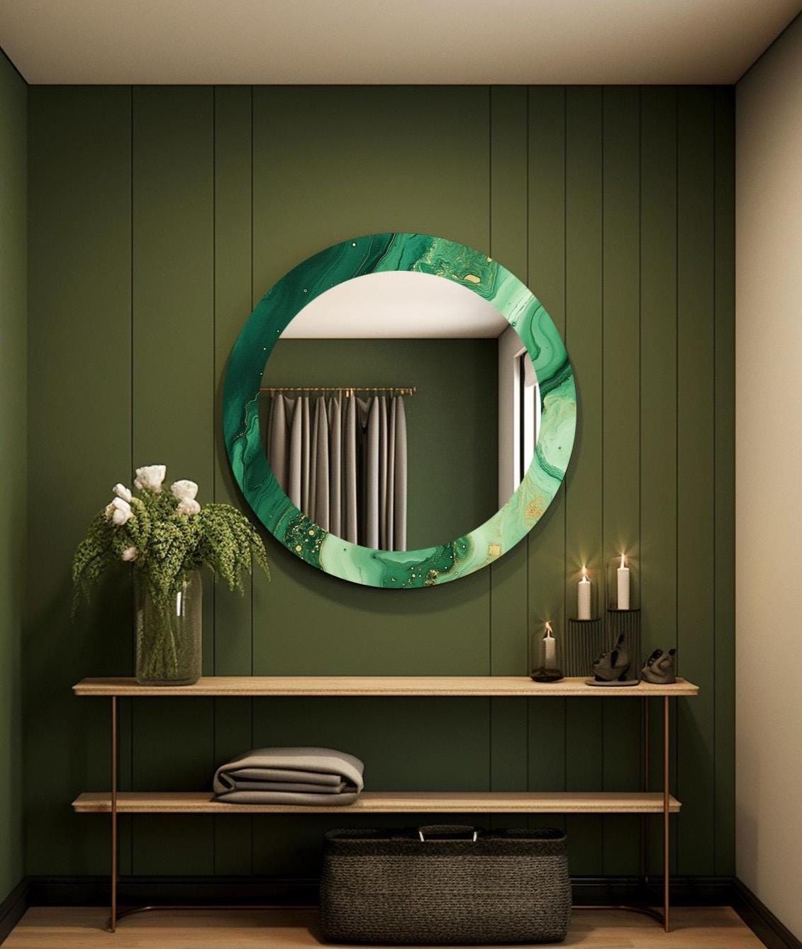 Handmade Tempered Glass Round Mirror, Green Abstract Wall Decor - Etsy