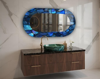 Blue Statement Mirror, Large Oval Decorative Mirror, Modern Home Wall Accent