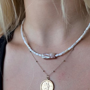 Waterproof White freshwater shell beads with keshi pearl, stainless steel necklace