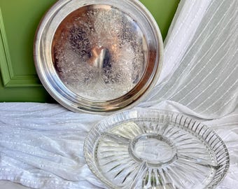 Vintage Silver Plated Serving Tray with Glass Insert | Divided Serving Platter | 33.5 cm