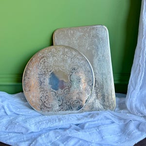 Vintage Strachan Graverat Silverpläterat Underläggsset | Runda och Rektangulära Dekorativa Underlägg