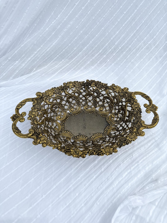 Vintage Italian brass tray with floral openwork design